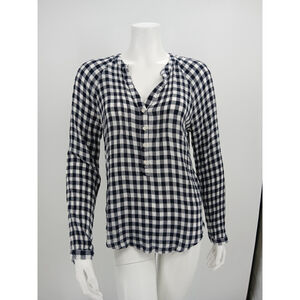 Lucky Brand Gingham Gauze Popover Top Womens Size S Black White Raglan Shirt